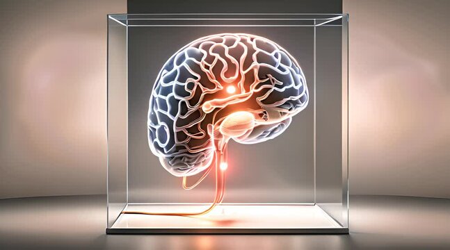 Abstract brain in transparent cube, illuminated from within, Reflects on human potential and knowledge power to illuminate