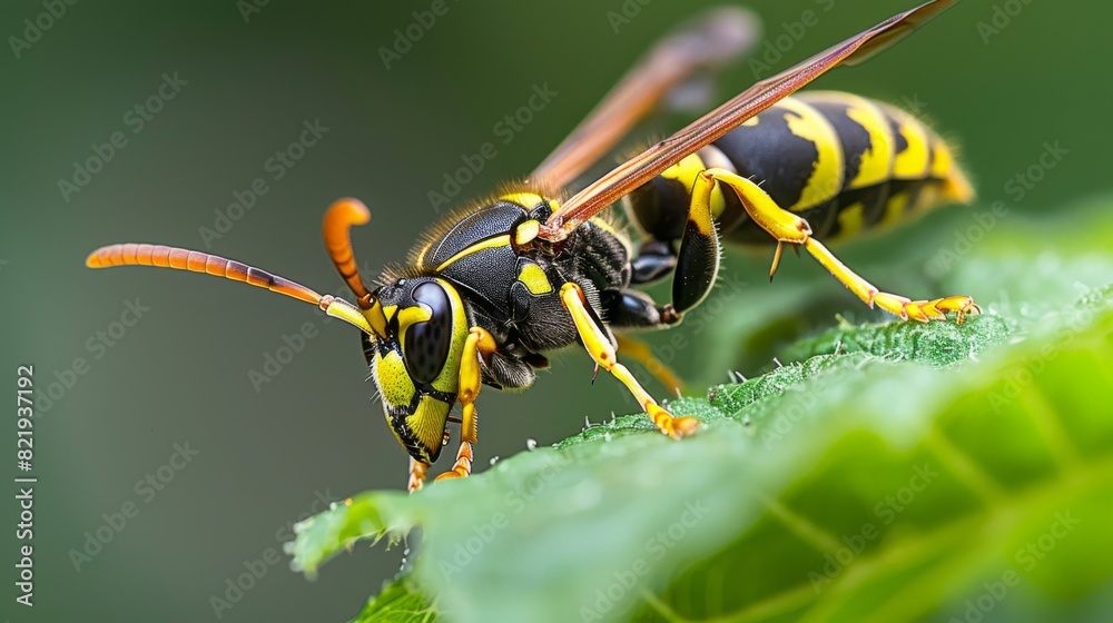 Poster wasp sitting on a leaf, displaying its distinct black and yellow stripes.