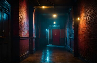 Fototapeta premium Dark corridor with doors, perspective, ergency lighting