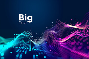 Abstract 3D glowing waves of digital particles. Technology background. AI, and big data and machine learning and digital concept background, designed for brochures, flyers, magazine, banner