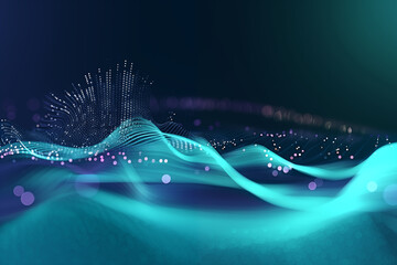 Abstract 3D glowing waves of digital particles. Technology background. AI, and big data and machine learning and digital concept background, designed for brochures, flyers, magazine, banner