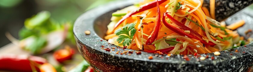 A closeup of a spicy papaya salad som tum being prepared with a mortar and pestle, with colorful vegetables and chili