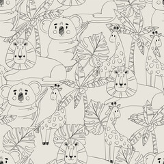 Safari animals pattern, summer kids print. Cute vector african animals. Giraffe, lion, koala.
