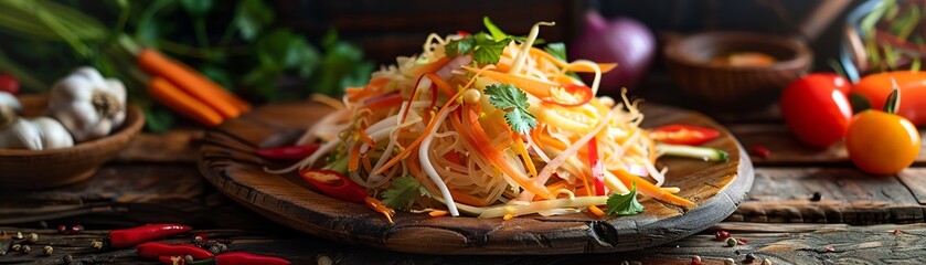 A closeup of a Thai green papaya salad som tum being prepared, with colorful vegetables and chili on a rustic wooden table