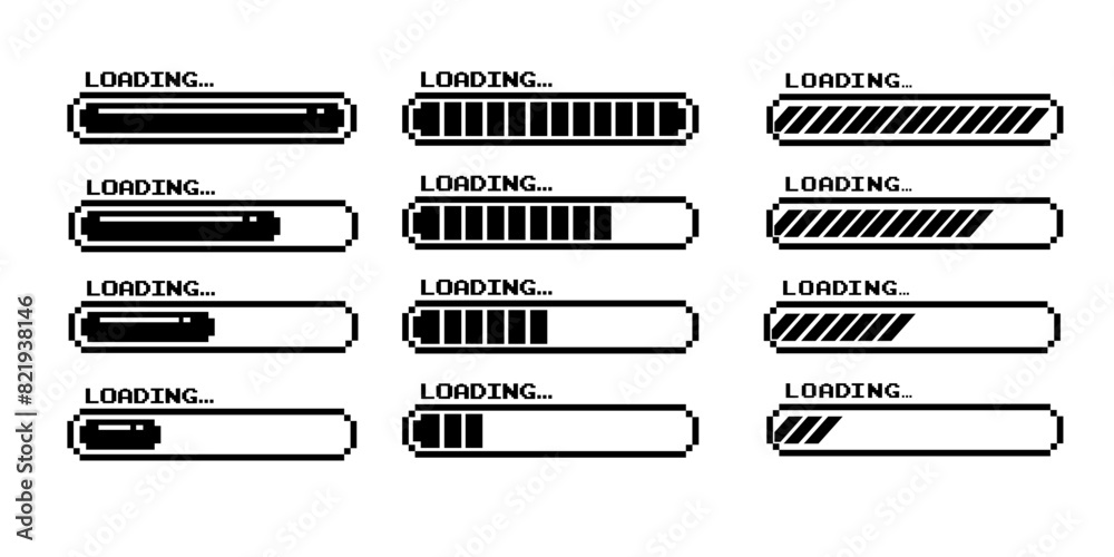 Poster Pixel art 8-bit loading bar concept. Loading icons set.Load bar collection. loading icons on white background.
