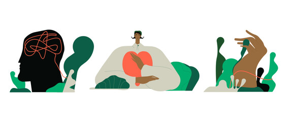 Mental health and psychotherapy concept illustration. Collections of characters take care of mentality, learn self accepting and love yourself. Vector illustrations set.
