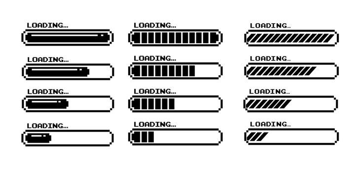 Pixel art 8-bit loading bar concept. Loading icons set.Load bar collection. loading icons on white background.