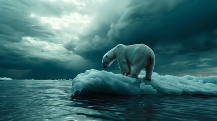 Naklejka premium A polar bear stranded on a shrinking ice floe in the Arctic,