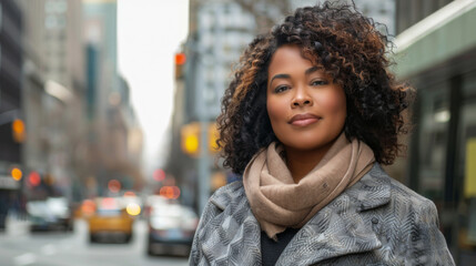 Fototapeta premium A plus size woman walks through the morning city among skyscrapers. Curly woman in a coat enjoys the weather outdoors. Walking concept. Active lifestyle.