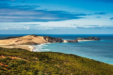 Picturesque view of the coastline of a vast ocean, featuring a sandy beach at the forefront