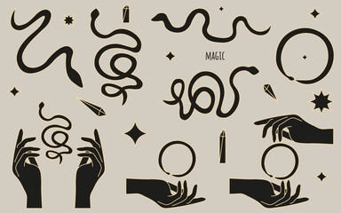 Set Celestial Linocut style vector 2025 Chinese Zodiac snake. Minimalism Woodcut serpent. Black simple Snake and hand. Editable stroke. EPS 10