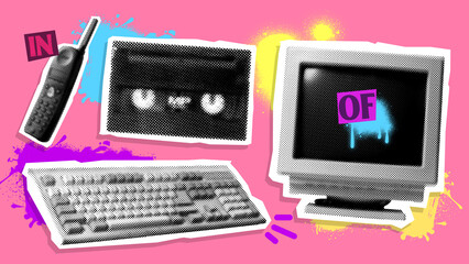 Poster. Contemporary art collage. Cell phone, computer,keyboard and cassette tape against pink...