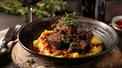 A dish of Italian osso buco with a glass of red wine