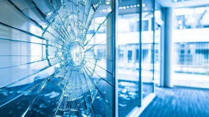 Close up view of shattered glass in office window   vandalism or accident concept