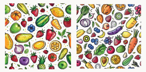 Fresh organic vegetables, sweet fruits and berries seamless modern background illustration set. Doodle grocery patterns.