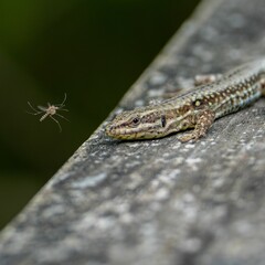 Small wall lizard (Podarcis muralis) perched on a rocky wall, with a tiny insect crawling nearby