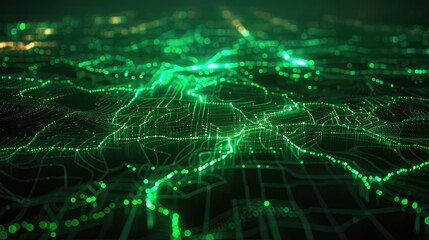 Interconnected bright green lines on dark, representing a smart grid powering urban renewable energy. Zero carbon technology