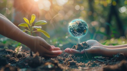 Pair of kids' hands water a sapling with Earth hologram, illustrating nurturing the planet via zero...