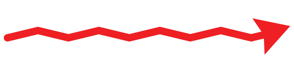 Long wave or curve red Arrow icon, vector . Zig zag red arrow vector. Big  arrow, cursor vector. Long line arrow vector. Big arrow for web design. Large arrow vector and icon. Red arrow graph. 
