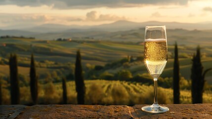 A glass of champagne sits on a stone wall overlooking a beautiful landscape. The sun is setting, and the sky is a warm, golden orange. The image is peaceful and relaxing.