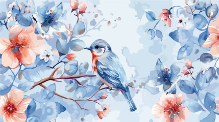 Seamless watercolor blue background floral pattern 