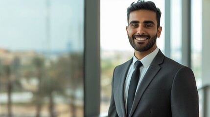 Fototapeta premium Professional Young Businessman in Modern Office, Confident Business Professional, Corporate Environment, Indoors, Diverse Businessman, Business Portrait