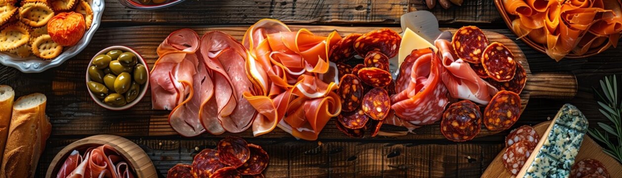 A highangle shot of a beautifully arranged Spanish tapas platter, featuring various cured meats, cheeses, and olives on a rustic wooden table
