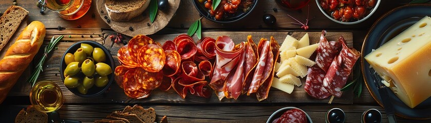 A highangle shot of a beautifully arranged Spanish tapas platter, featuring various cured meats, cheeses, and olives on a rustic wooden table - Powered by Adobe