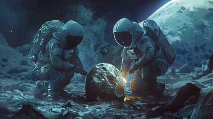 sci-fi horror scene of two astronauts found the mysterious alien egg, digital art style,...