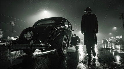 A man in a long coat and hat walks past a classic car in a wet street under streetlights on a rainy night, reminiscent of the 1940s