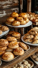 A highangle shot of a Peruvian bakery showcasing freshly baked empanadas and alfajores, with a charming, rustic interior