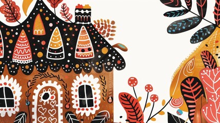 Whimsical Gingerbread Houses and Festive Holiday Botanicals Illustration