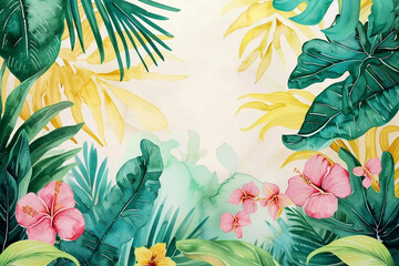 tropical watercolor background with leaves and flowers floral prints 