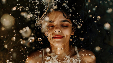 Obraz premium A woman with her eyes closed stands under a shower of water