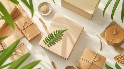 eco packaging brown cardboard boxes and containers, likely packaging prototypes. on white background.