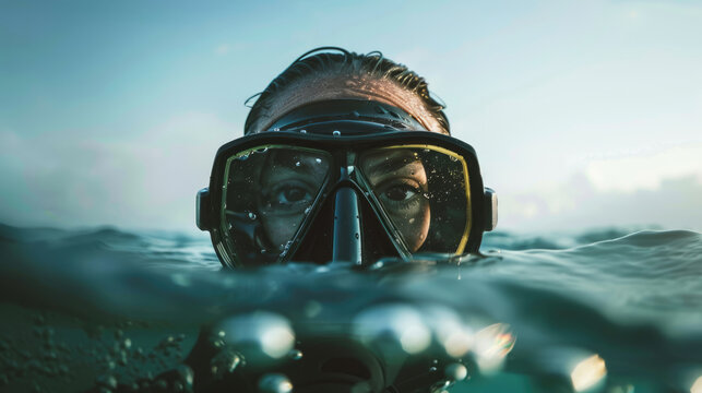 Female scuba diver underwater. Woman in scuba diving mask in water