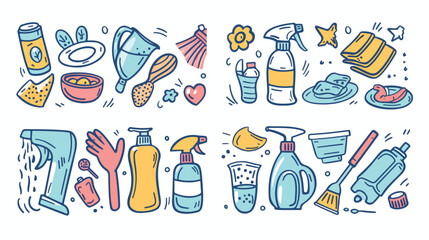 Set of four of cleaning and household doodle icons. designs