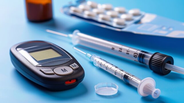 Top view, soft-focus of a glucose meter and test strips on an isolated background, studio lighting enhancing the medical tools for Diabetes Day