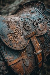 Close up of equestrian saddle and stirrups, preparing for competitive ride at summer olympics