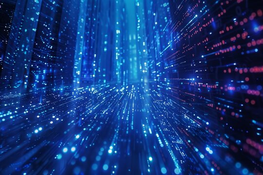 Blue cyber grid with streaming binary code