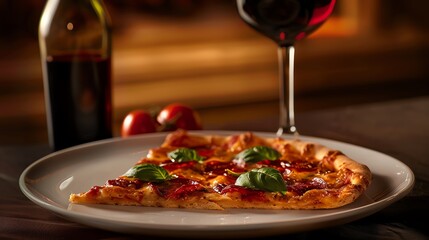 A plate of Italian pizza with a glass of red wine