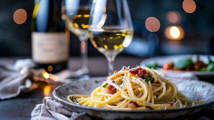 A plate of Italian spaghetti carbonara paired with a glass of crisp white wine