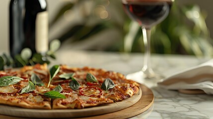 A delicious pizza with a glass of red wine. The perfect meal for a relaxing evening at home.