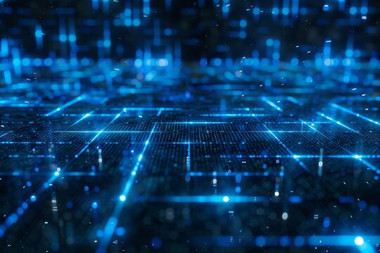 Blue cyber grid with streaming binary code