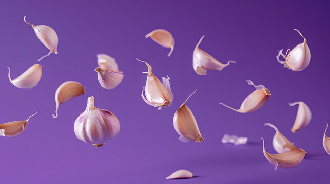 Flying fresh garlic on purple isolated background