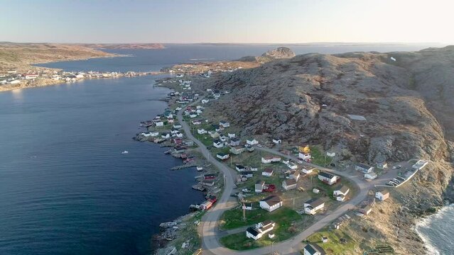 Drone footage over landscape of Fogo Island houses in Cape Verde