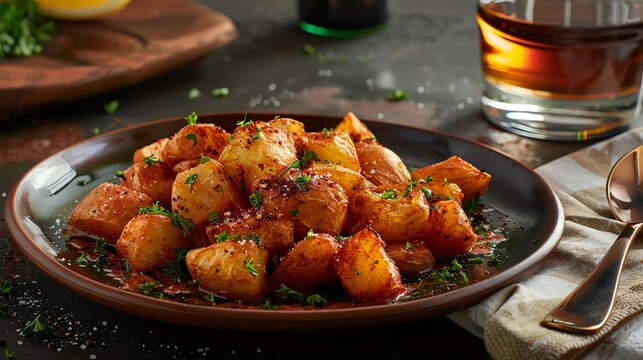 A plate of Spanish patatas bravas with a glass of vermouth