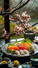 A beautiful plate of sushi and tea with cherry blossoms in the background.