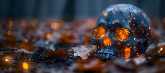 A close-up of a spooky Halloween decoration, like a glowing skull
