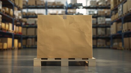 Single large cardboard box on a pallet, detailed close-up, warehouse shelves in the background, perfect for advertising, professional studio lighting